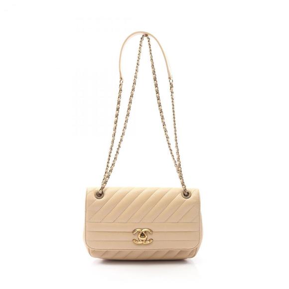 CHANEL Diagonal Quilted Flap Shoulder Bag in Goatskin Leather, Beige - Picture 1 of 9